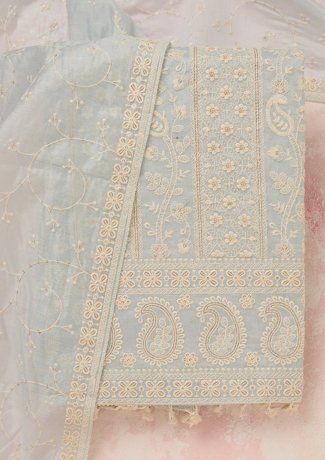 Light Grey Chanderi Threadwork Unstitched Dress Material With Matching Bottom And Dupatta