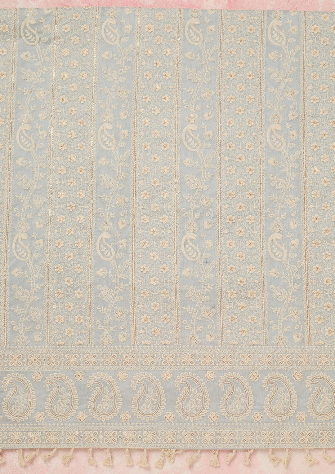 Light Grey Chanderi Threadwork Unstitched Dress Material With Matching Bottom And Dupatta