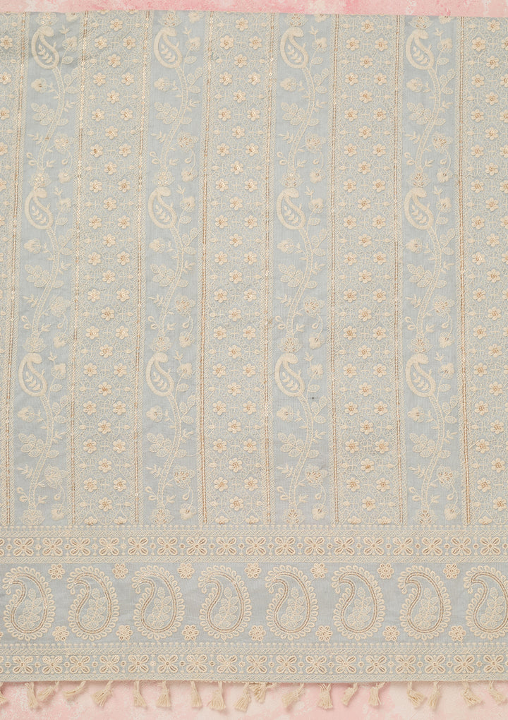 Light Grey Chanderi Threadwork Unstitched Dress Material With Matching Bottom And Dupatta