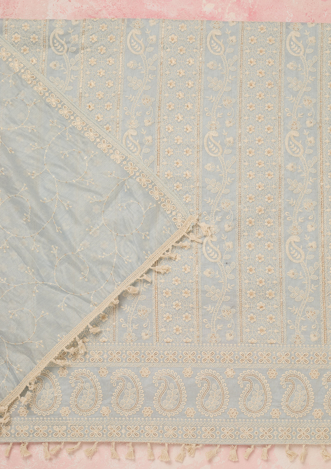 Light Grey Chanderi Threadwork Unstitched Dress Material With Matching Bottom And Dupatta
