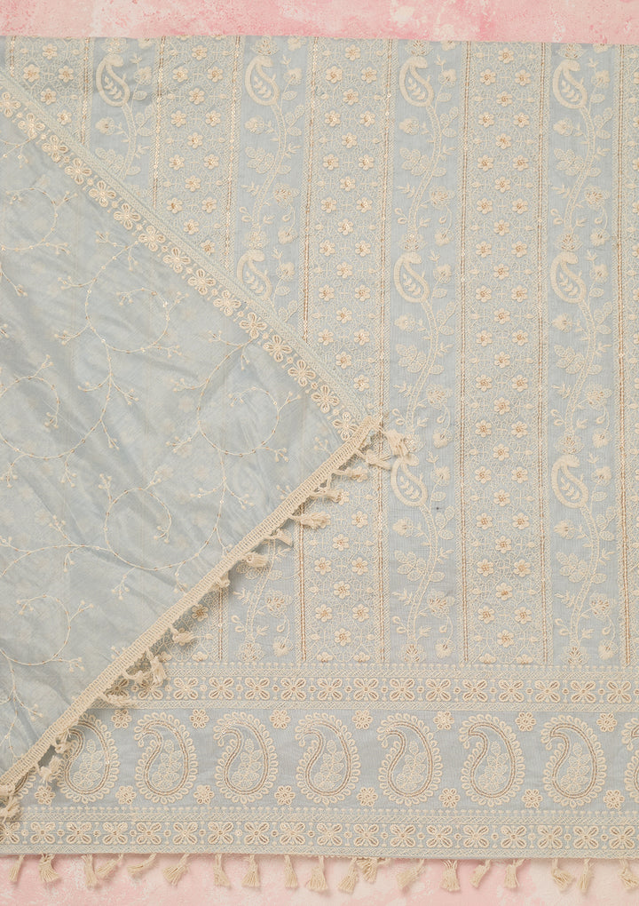 Light Grey Chanderi Threadwork Unstitched Dress Material With Matching Bottom And Dupatta