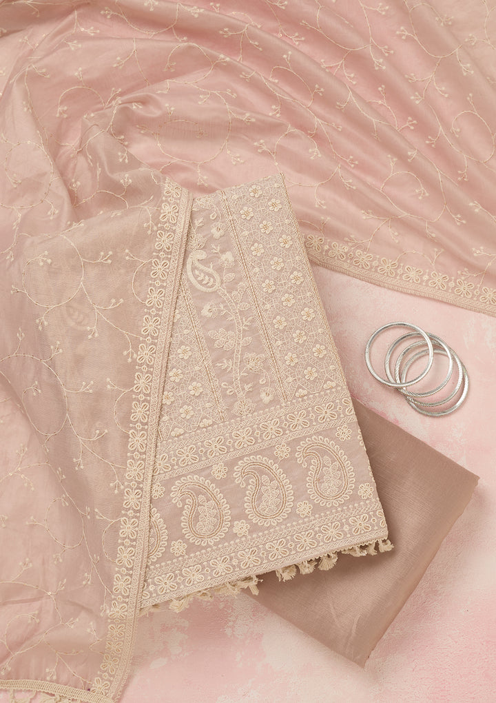 Mauve Chanderi Threadwork Unstitched Dress Material With Matching Bottom And Dupatta