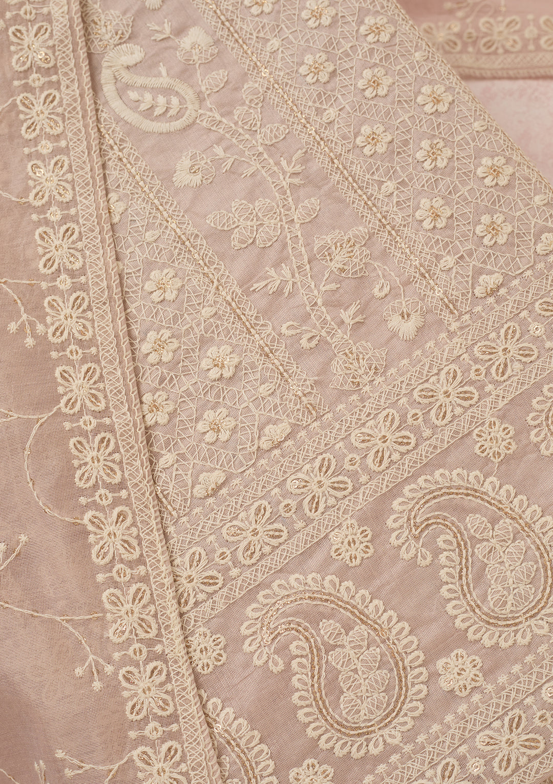 Mauve Chanderi Threadwork Unstitched Dress Material With Matching Bottom And Dupatta