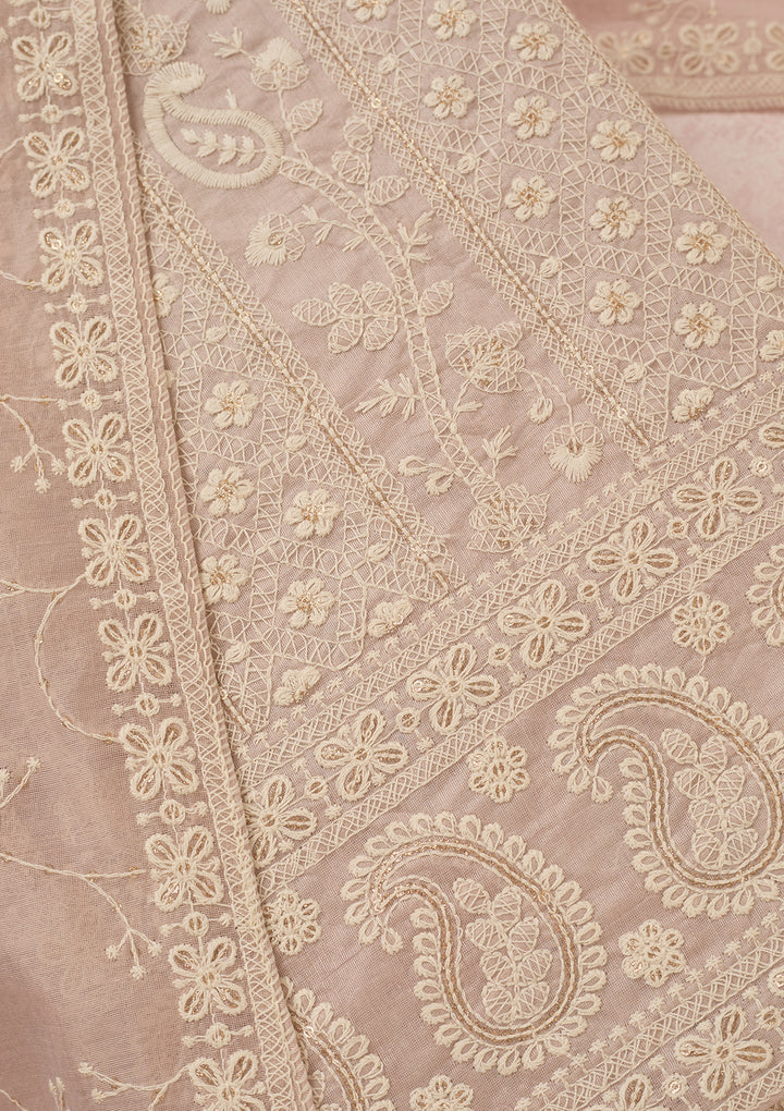 Mauve Chanderi Threadwork Unstitched Dress Material With Matching Bottom And Dupatta