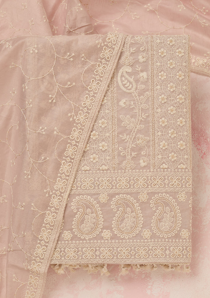 Mauve Chanderi Threadwork Unstitched Dress Material With Matching Bottom And Dupatta
