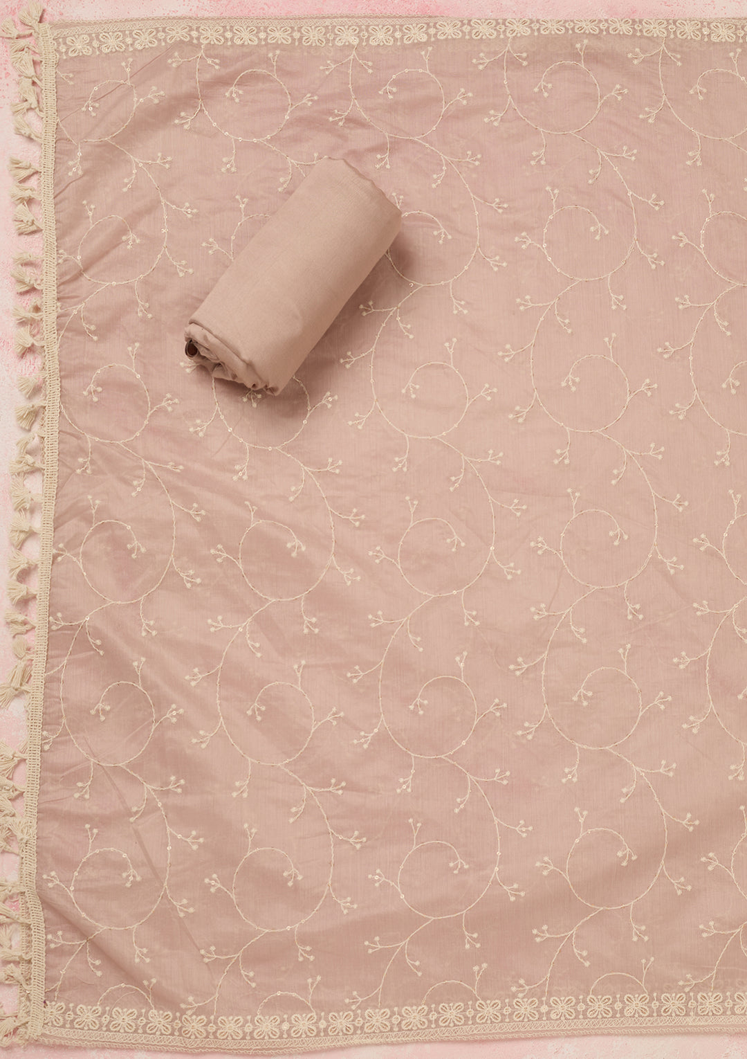 Mauve Chanderi Threadwork Unstitched Dress Material With Matching Bottom And Dupatta