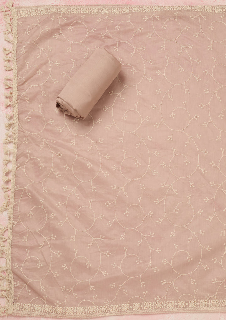Mauve Chanderi Threadwork Unstitched Dress Material With Matching Bottom And Dupatta