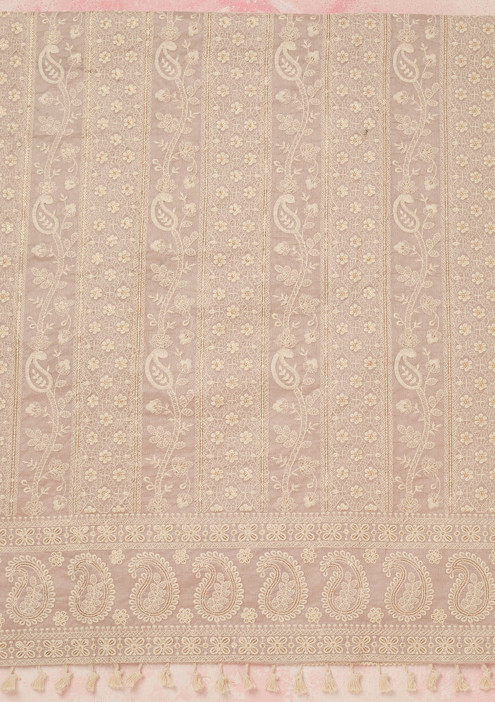 Mauve Chanderi Threadwork Unstitched Dress Material With Matching Bottom And Dupatta