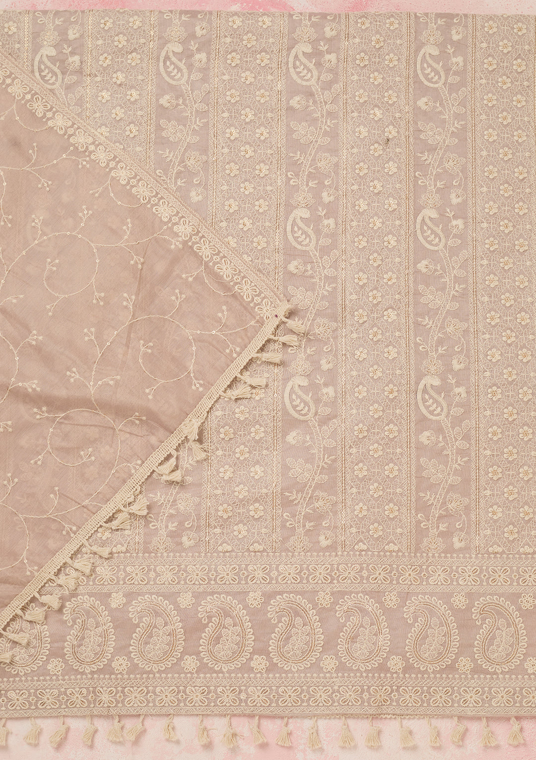 Mauve Chanderi Threadwork Unstitched Dress Material With Matching Bottom And Dupatta