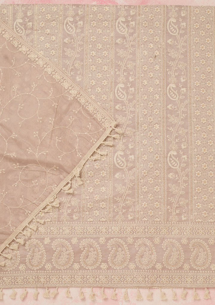 Mauve Chanderi Threadwork Unstitched Dress Material With Matching Bottom And Dupatta