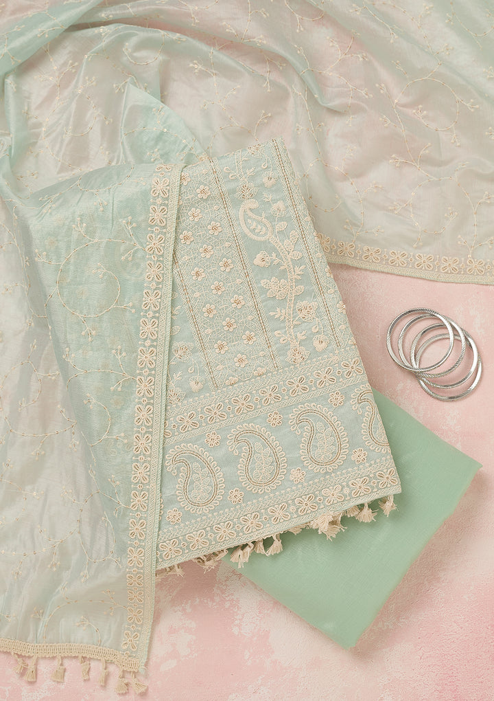 Sea Green Chanderi Threadwork Unstitched Dress Material With Matching Bottom And Dupatta
