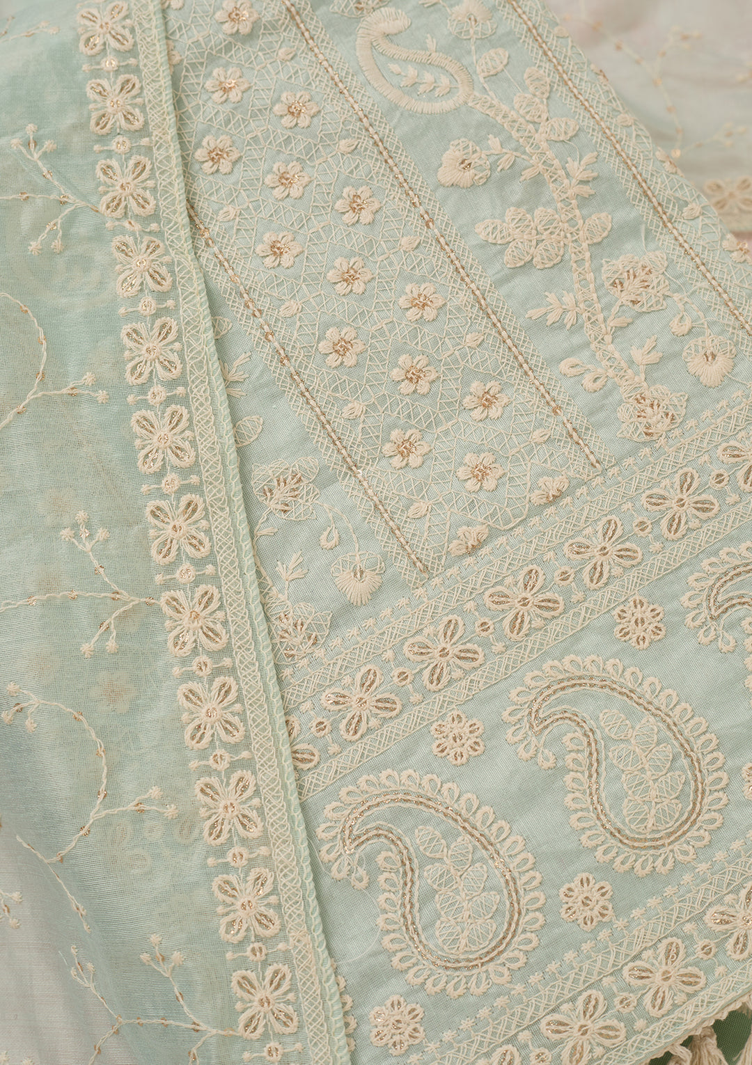 Sea Green Chanderi Threadwork Unstitched Dress Material With Matching Bottom And Dupatta