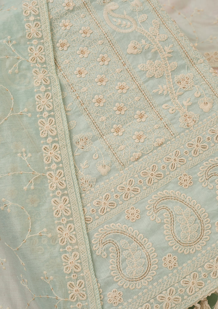 Sea Green Chanderi Threadwork Unstitched Dress Material With Matching Bottom And Dupatta
