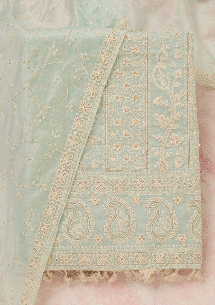Sea Green Chanderi Threadwork Unstitched Dress Material With Matching Bottom And Dupatta