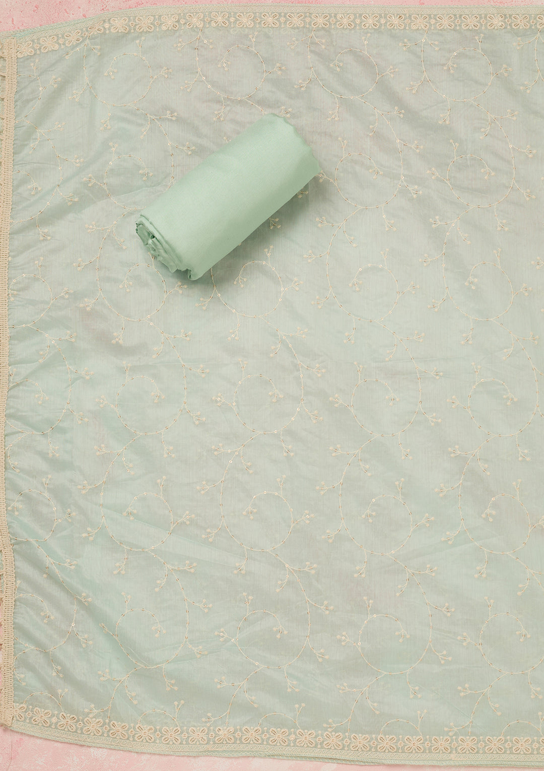 Sea Green Chanderi Threadwork Unstitched Dress Material With Matching Bottom And Dupatta