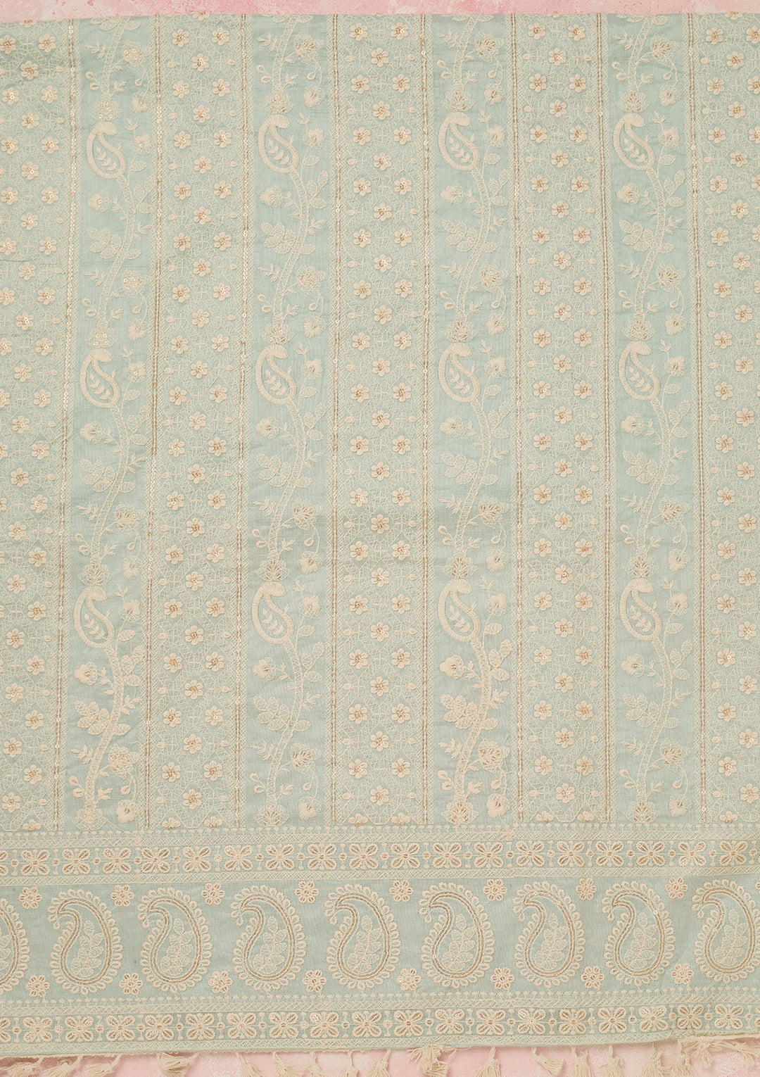 Sea Green Chanderi Threadwork Unstitched Dress Material With Matching Bottom And Dupatta
