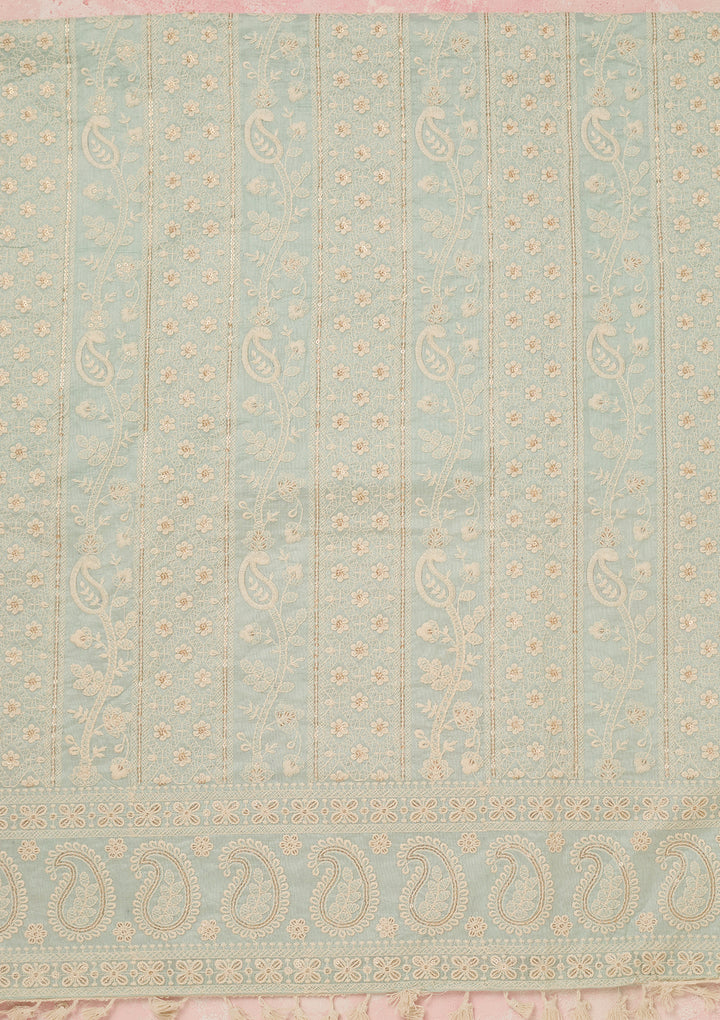 Sea Green Chanderi Threadwork Unstitched Dress Material With Matching Bottom And Dupatta