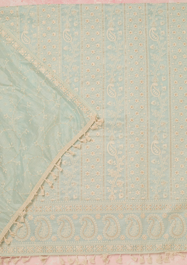 Sea Green Chanderi Threadwork Unstitched Dress Material With Matching Bottom And Dupatta