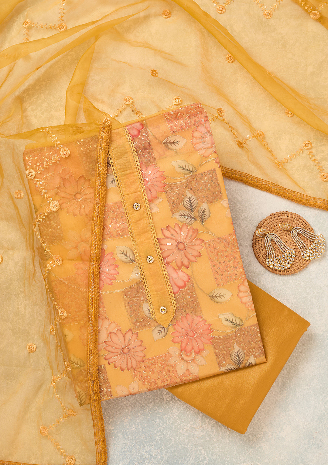 Mustard Organza Gold Zariwork Unstitched Dress Material With Matching Bottom And Dupatta