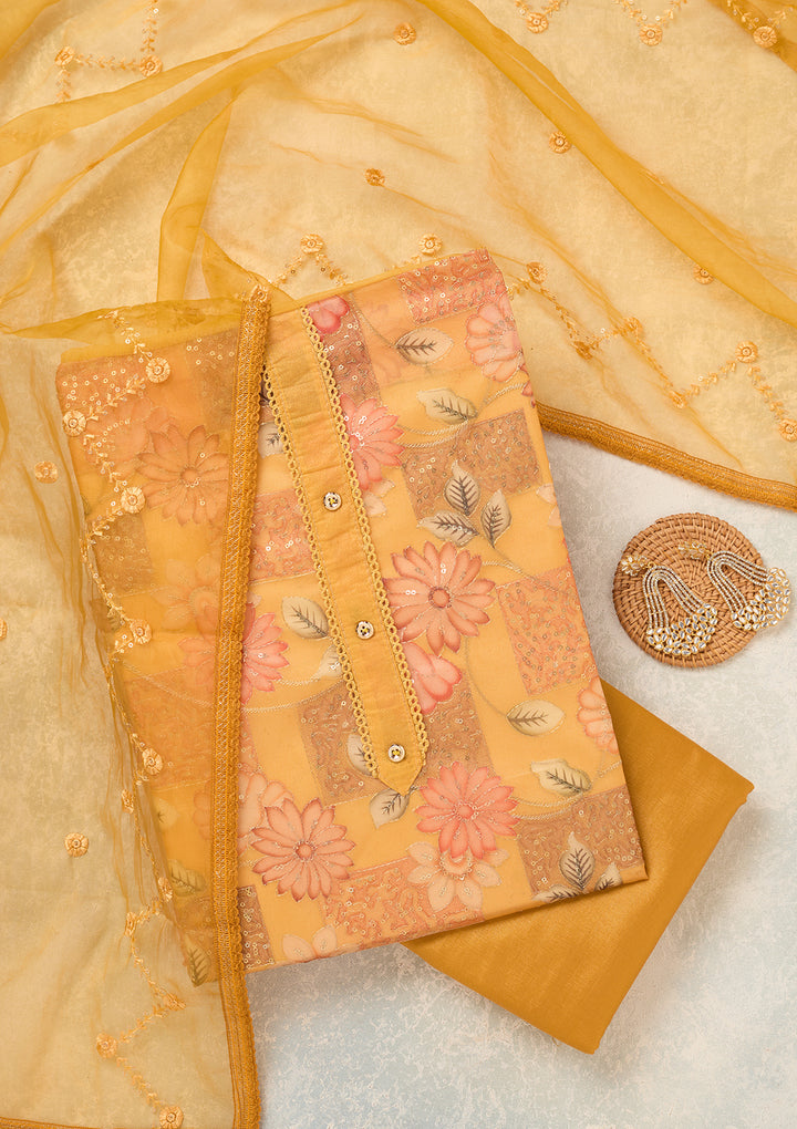Mustard Organza Gold Zariwork Unstitched Dress Material With Matching Bottom And Dupatta