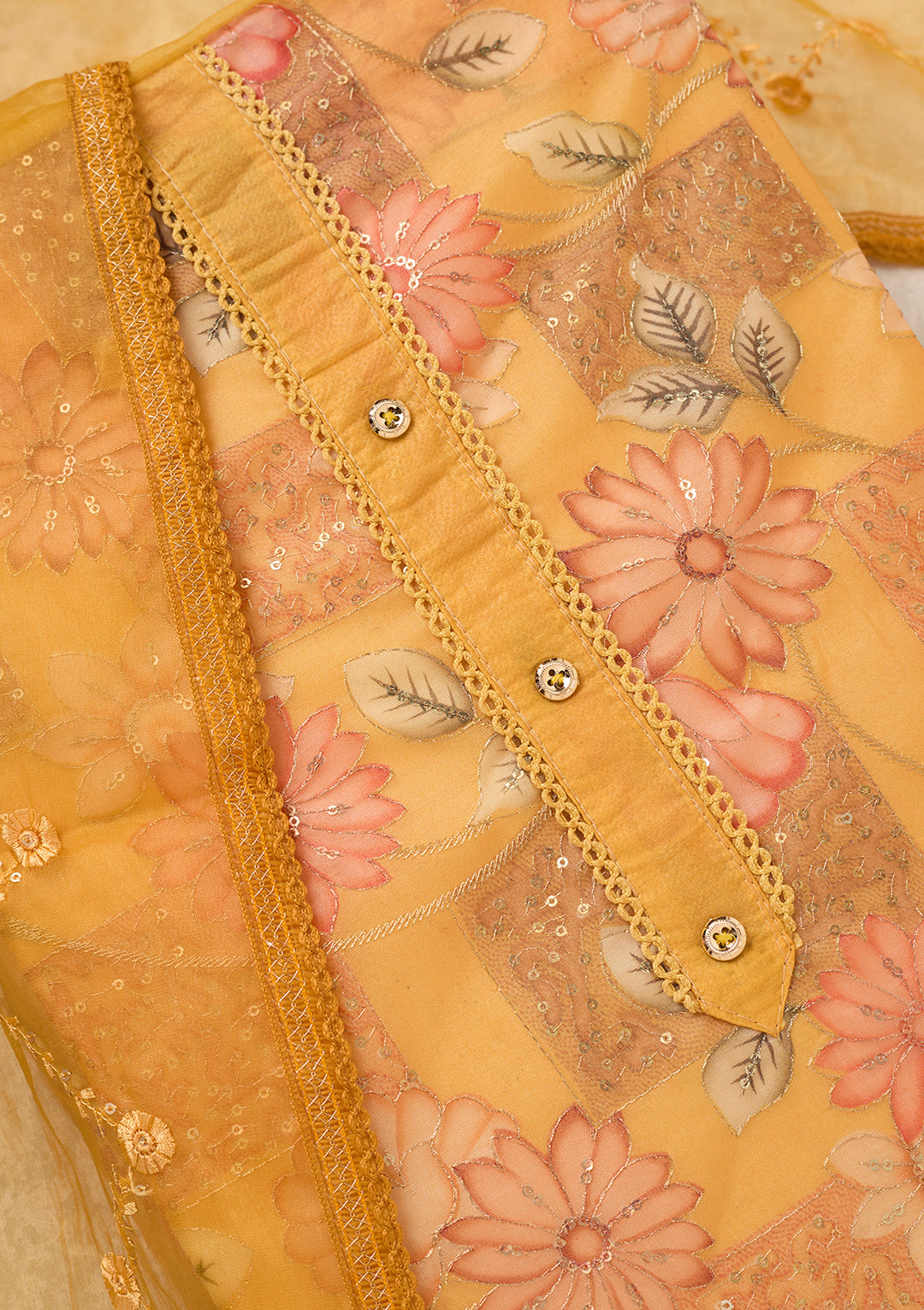 Mustard Organza Gold Zariwork Unstitched Dress Material With Matching Bottom And Dupatta