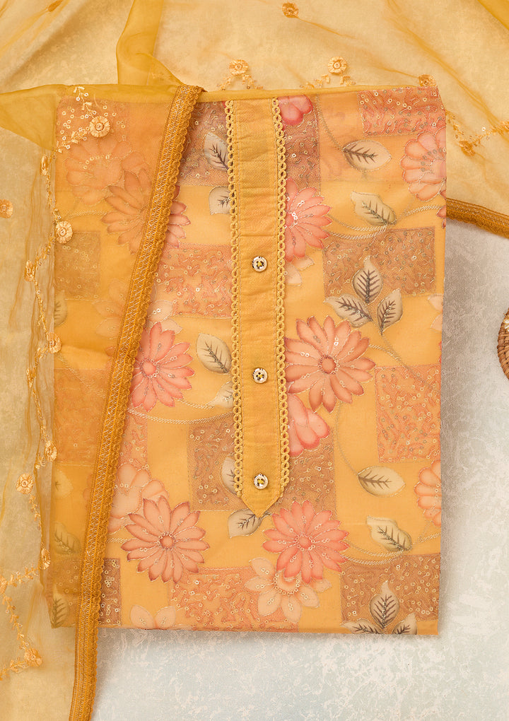 Mustard Organza Gold Zariwork Unstitched Dress Material With Matching Bottom And Dupatta