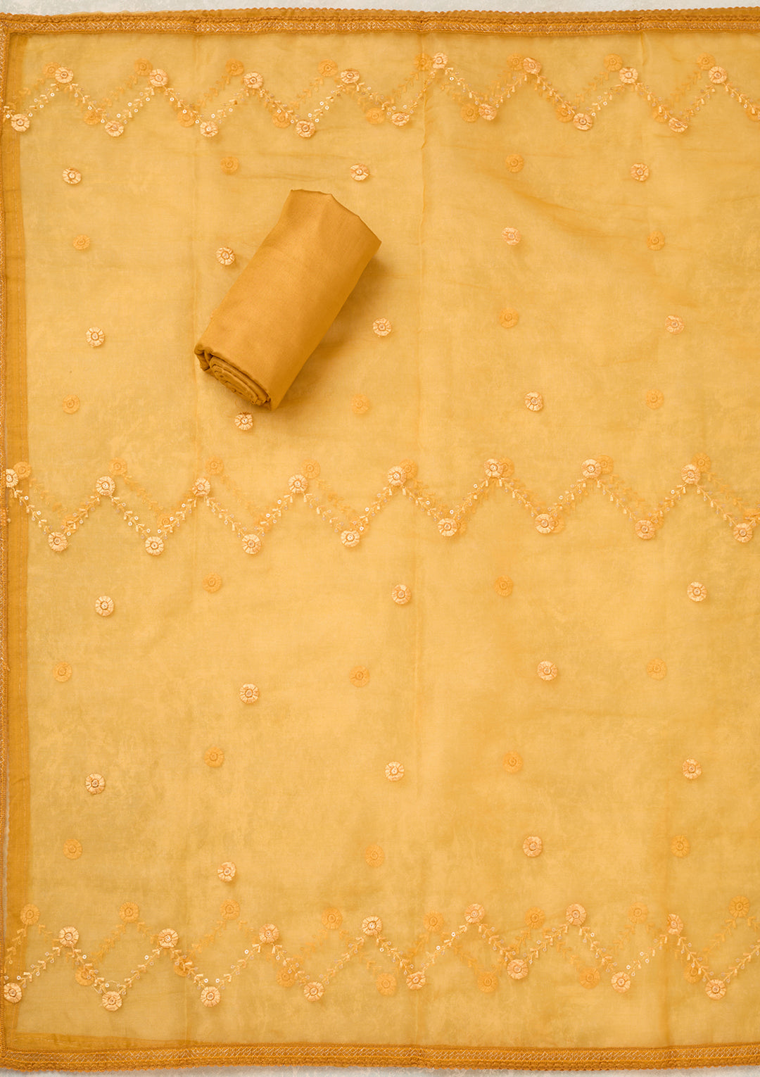 Mustard Organza Gold Zariwork Unstitched Dress Material With Matching Bottom And Dupatta