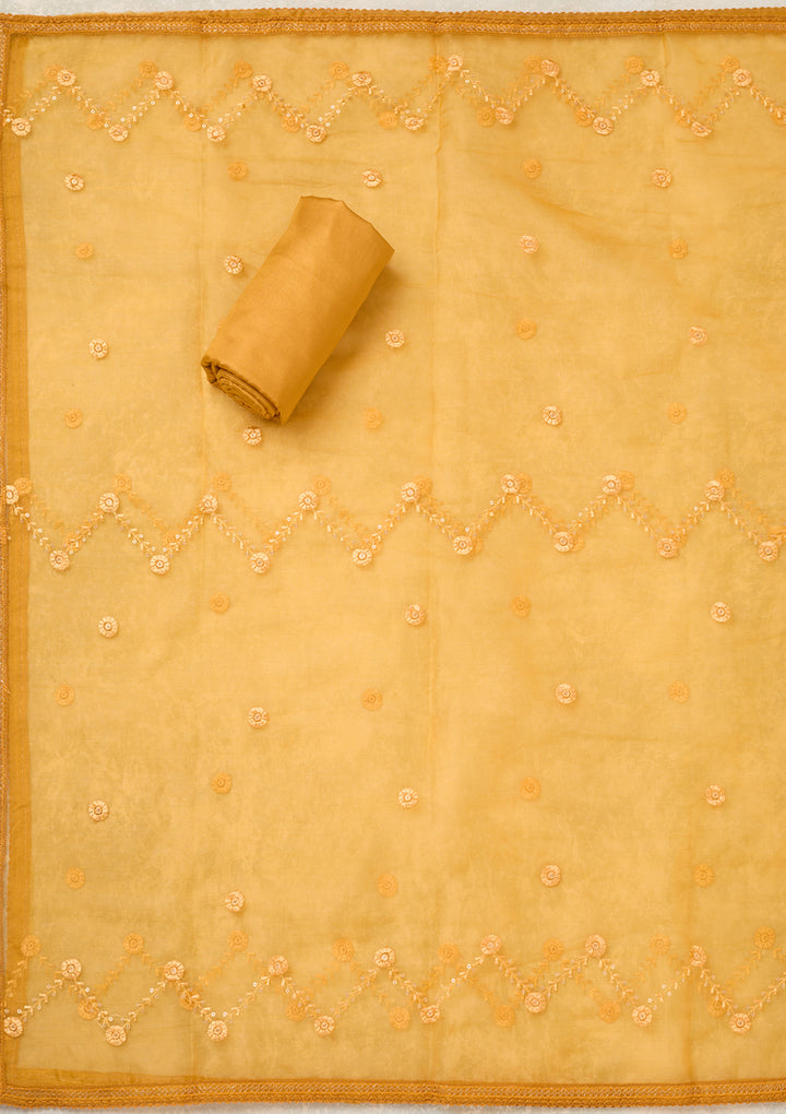 Mustard Organza Gold Zariwork Unstitched Dress Material With Matching Bottom And Dupatta