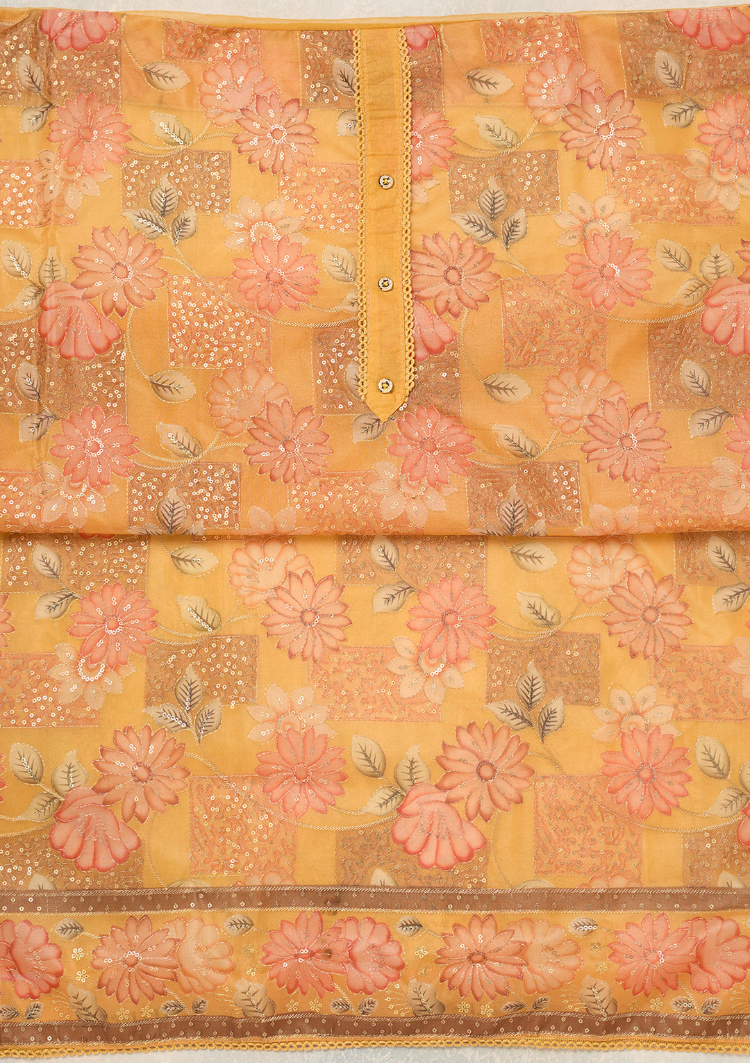 Mustard Organza Gold Zariwork Unstitched Dress Material With Matching Bottom And Dupatta