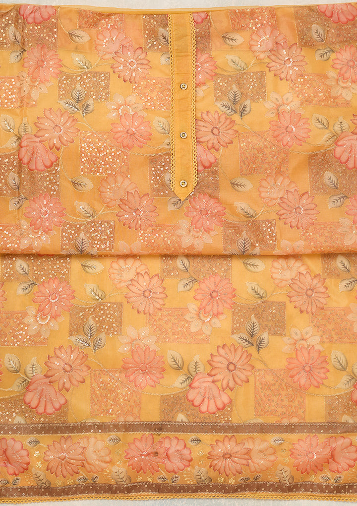 Mustard Organza Gold Zariwork Unstitched Dress Material With Matching Bottom And Dupatta
