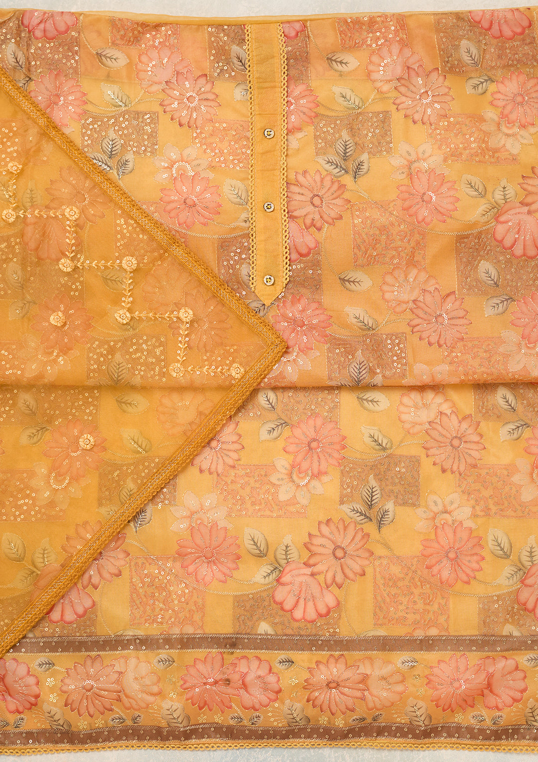 Mustard Organza Gold Zariwork Unstitched Dress Material With Matching Bottom And Dupatta