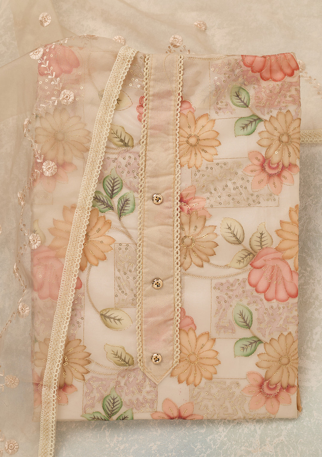 Off White Zariwork (Gold) Organza Unstitched Salwar Suit