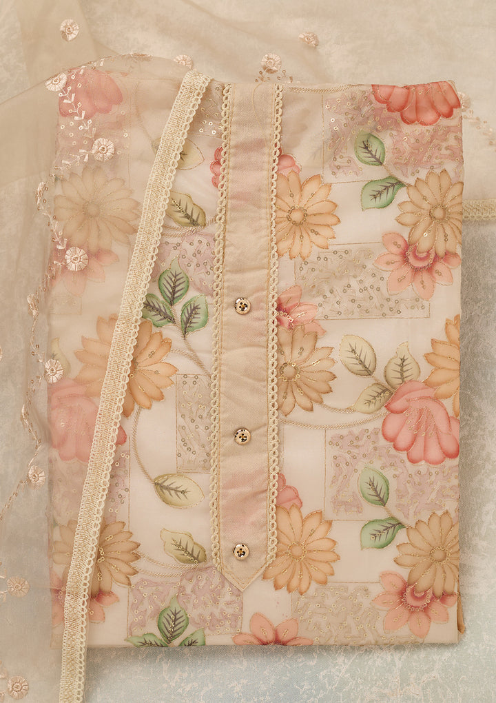 Off White Zariwork (Gold) Organza Unstitched Salwar Suit
