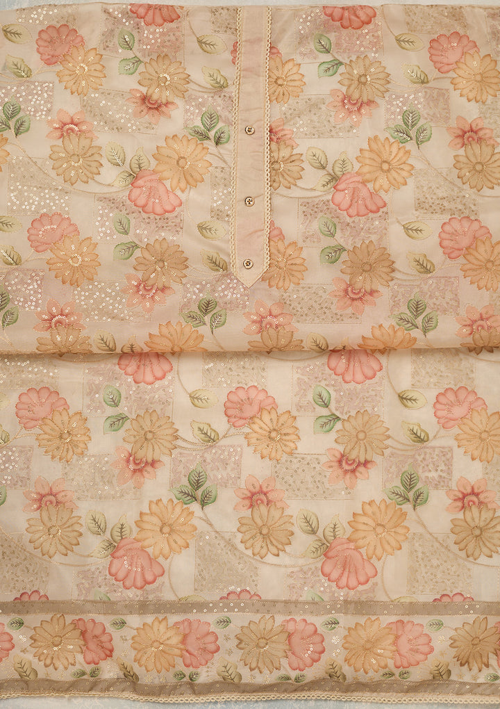 Off White Zariwork (Gold) Organza Unstitched Salwar Suit