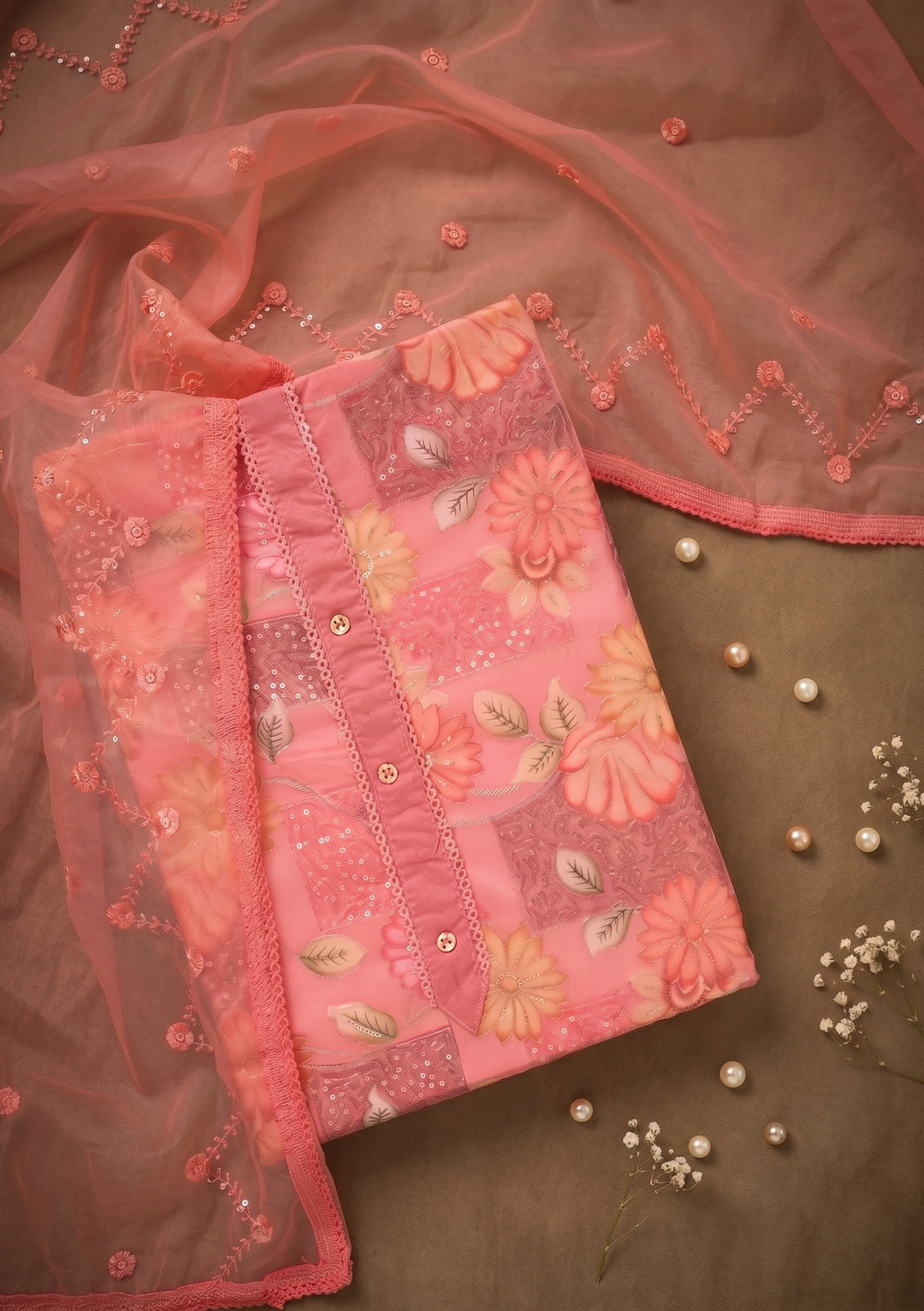 Pink Organza Gold Zariwork Unstitched Dress Material With Matching Bottom And Dupatta