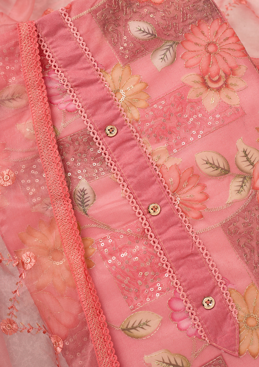 Pink Organza Gold Zariwork Unstitched Dress Material With Matching Bottom And Dupatta