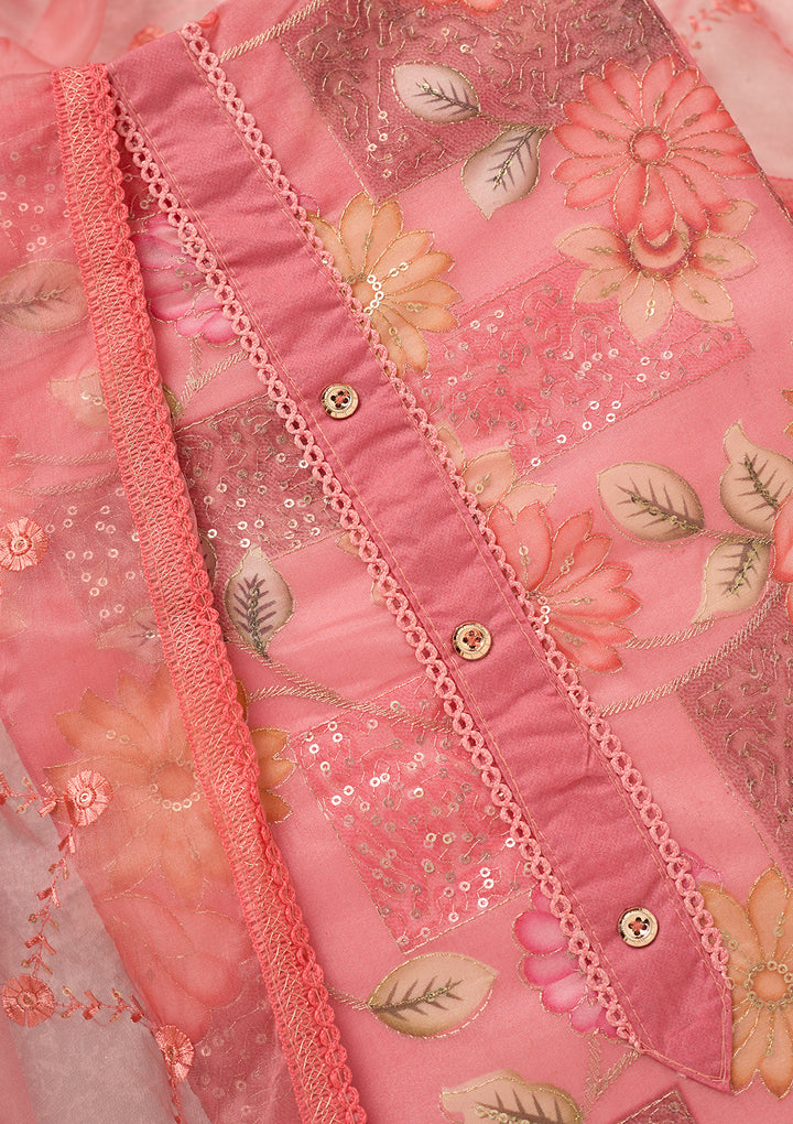 Pink Organza Gold Zariwork Unstitched Dress Material With Matching Bottom And Dupatta