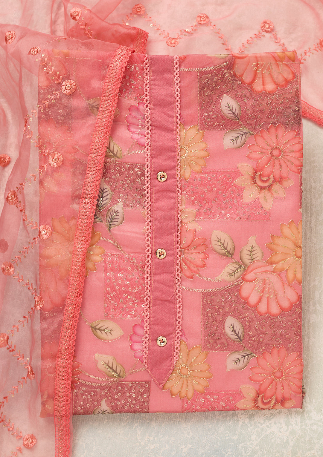 Pink Organza Gold Zariwork Unstitched Dress Material With Matching Bottom And Dupatta