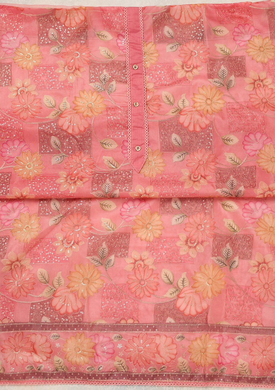 Pink Organza Gold Zariwork Unstitched Dress Material With Matching Bottom And Dupatta