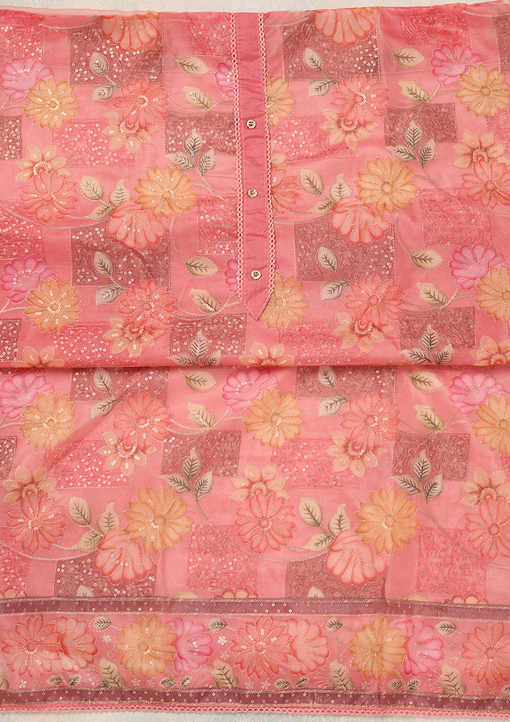 Pink Organza Gold Zariwork Unstitched Dress Material With Matching Bottom And Dupatta