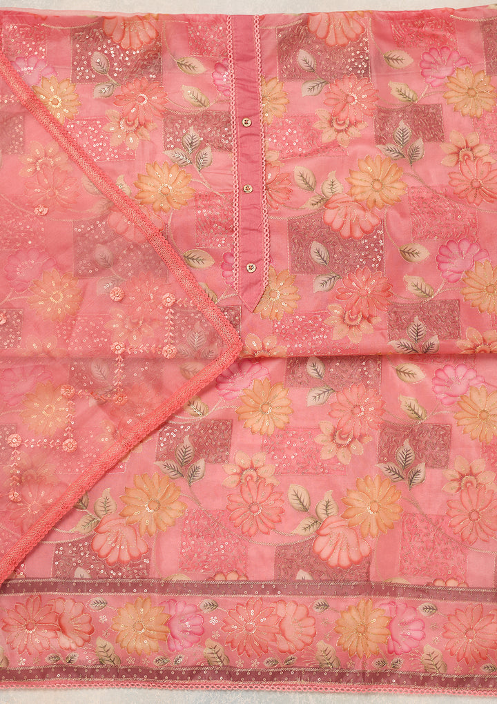 Pink Organza Gold Zariwork Unstitched Dress Material With Matching Bottom And Dupatta