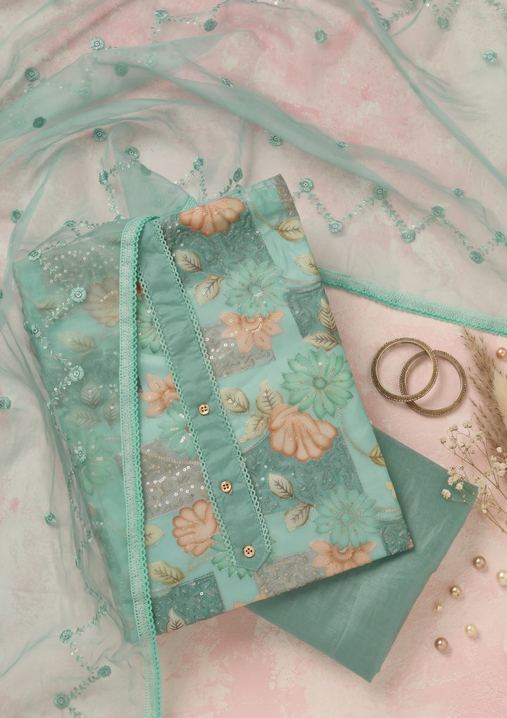 Sea Green Organza Gold Zariwork Unstitched Dress Material With Matching Bottom And Dupatta