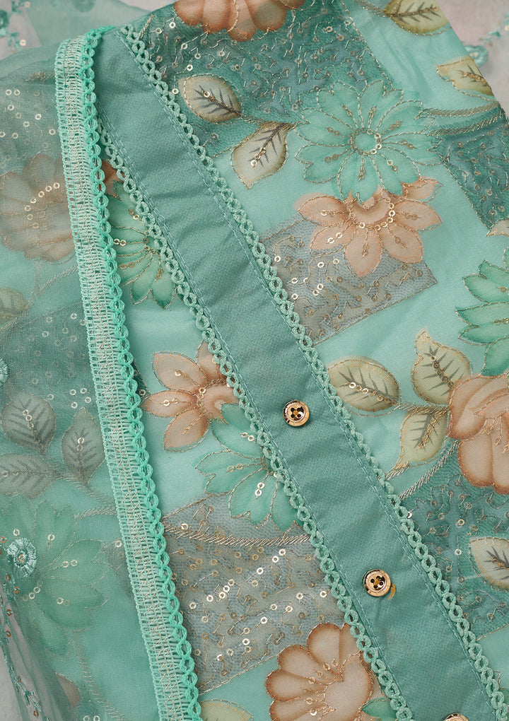 Sea Green Organza Gold Zariwork Unstitched Dress Material With Matching Bottom And Dupatta