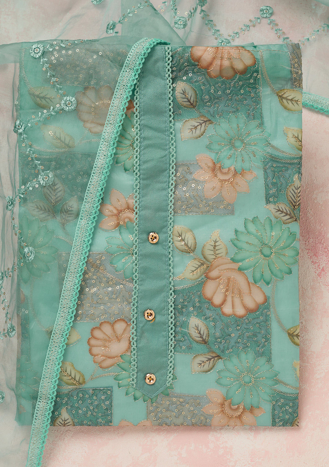 Sea Green Organza Gold Zariwork Unstitched Dress Material With Matching Bottom And Dupatta