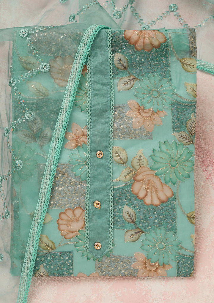 Sea Green Organza Gold Zariwork Unstitched Dress Material With Matching Bottom And Dupatta