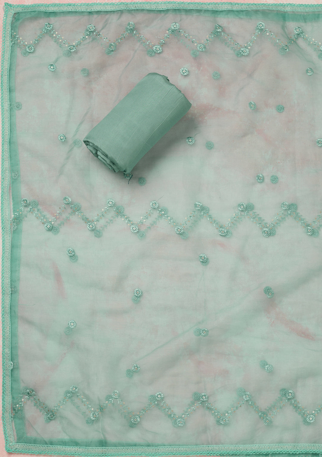 Sea Green Organza Gold Zariwork Unstitched Dress Material With Matching Bottom And Dupatta