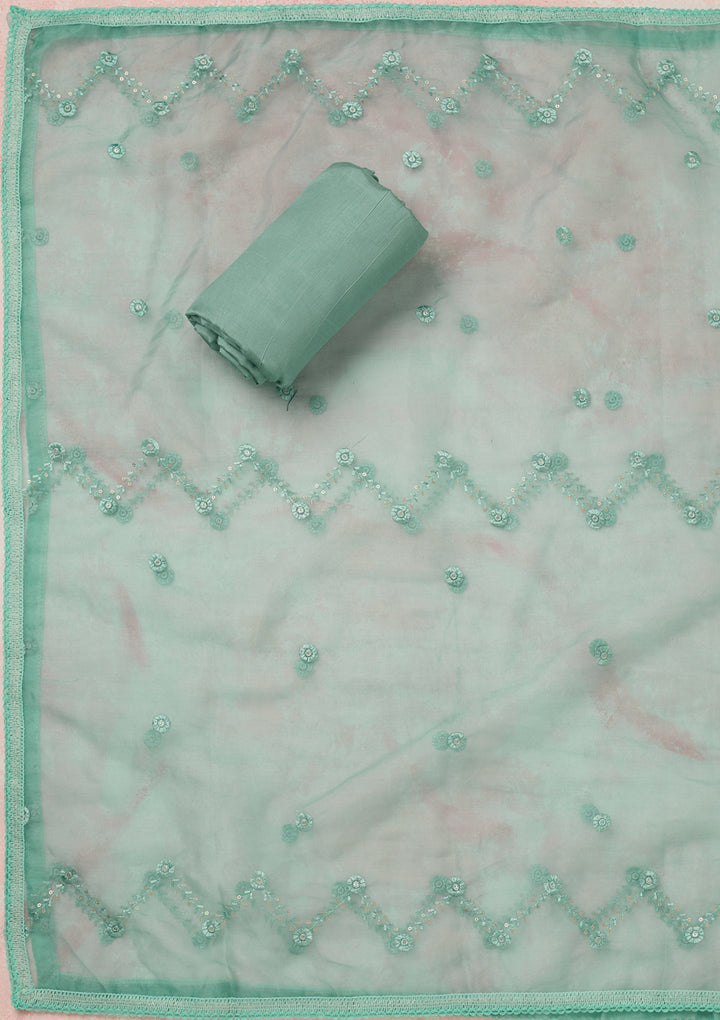 Sea Green Organza Gold Zariwork Unstitched Dress Material With Matching Bottom And Dupatta
