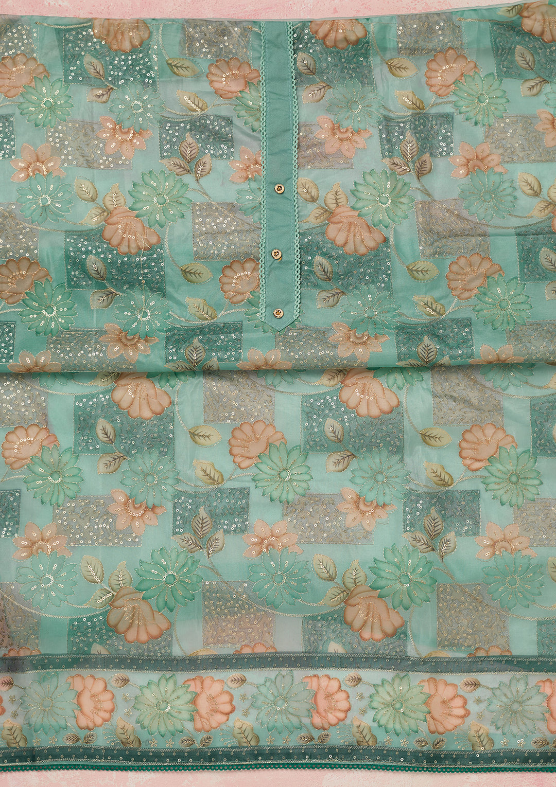 Sea Green Organza Gold Zariwork Unstitched Dress Material With Matching Bottom And Dupatta