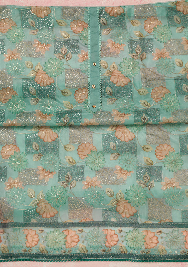 Sea Green Organza Gold Zariwork Unstitched Dress Material With Matching Bottom And Dupatta