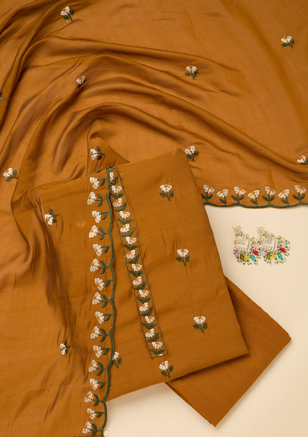Mustard Threadwork Semi Crepe Unstitched Salwar Suit